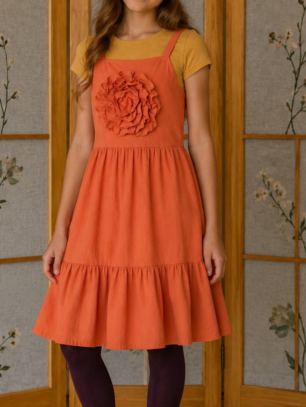Kiwi Girls 16 Orange 3D Rosette Dress Tiered Ruffle Boutique Fall